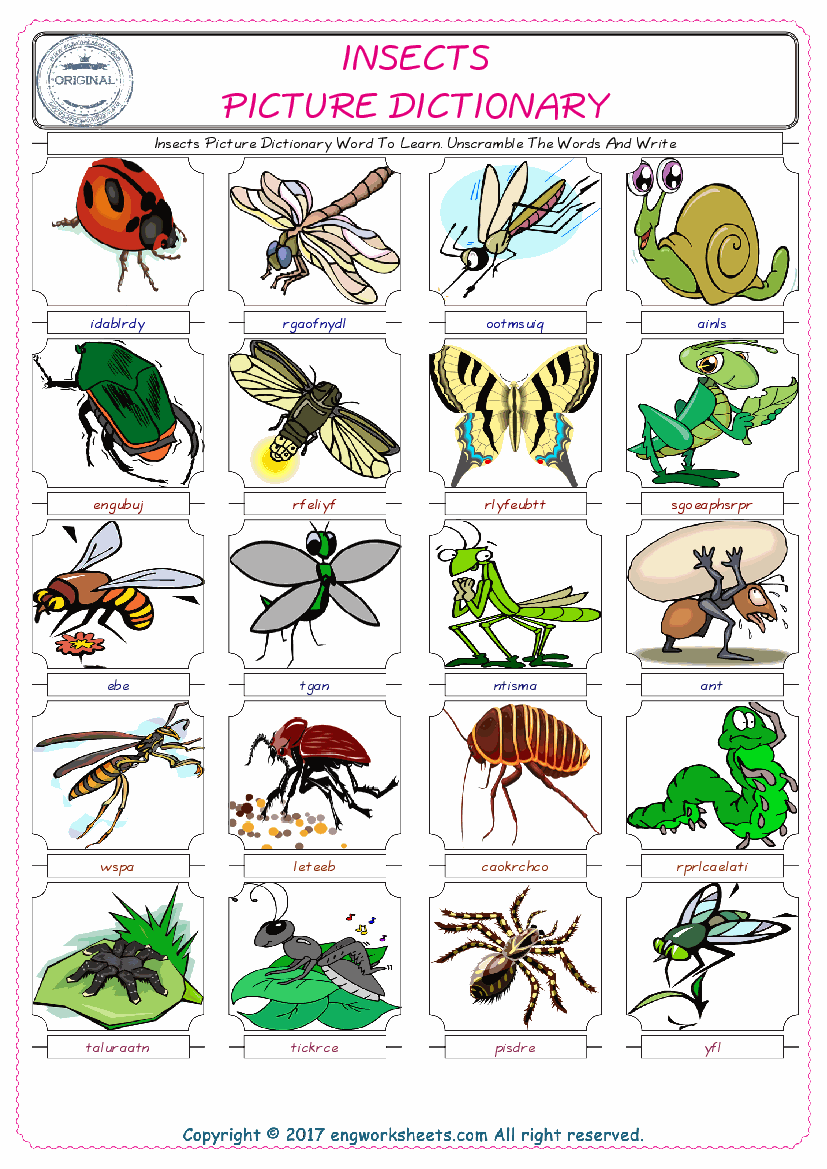  Insects ESL Worksheets For kids, the exercise worksheet of finding the words given complexly and supplying the correct one. 
